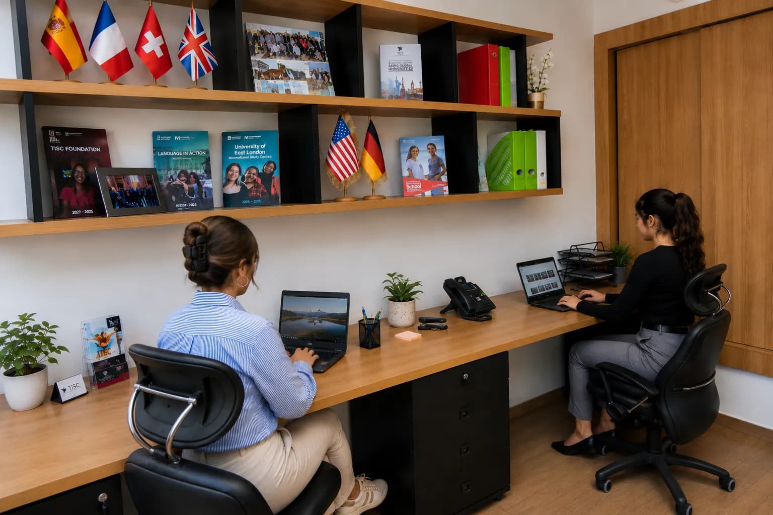Deux conseillères TISC au travail devant une étagère de brochures universitaires